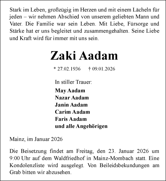 Traueranzeige von Zaki Aadam von Allgemeine Zeitung Mainz