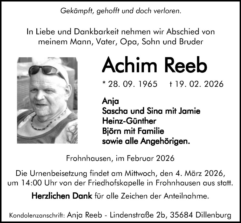  Traueranzeige für Achim Reeb vom 28.02.2026 aus Dill Block