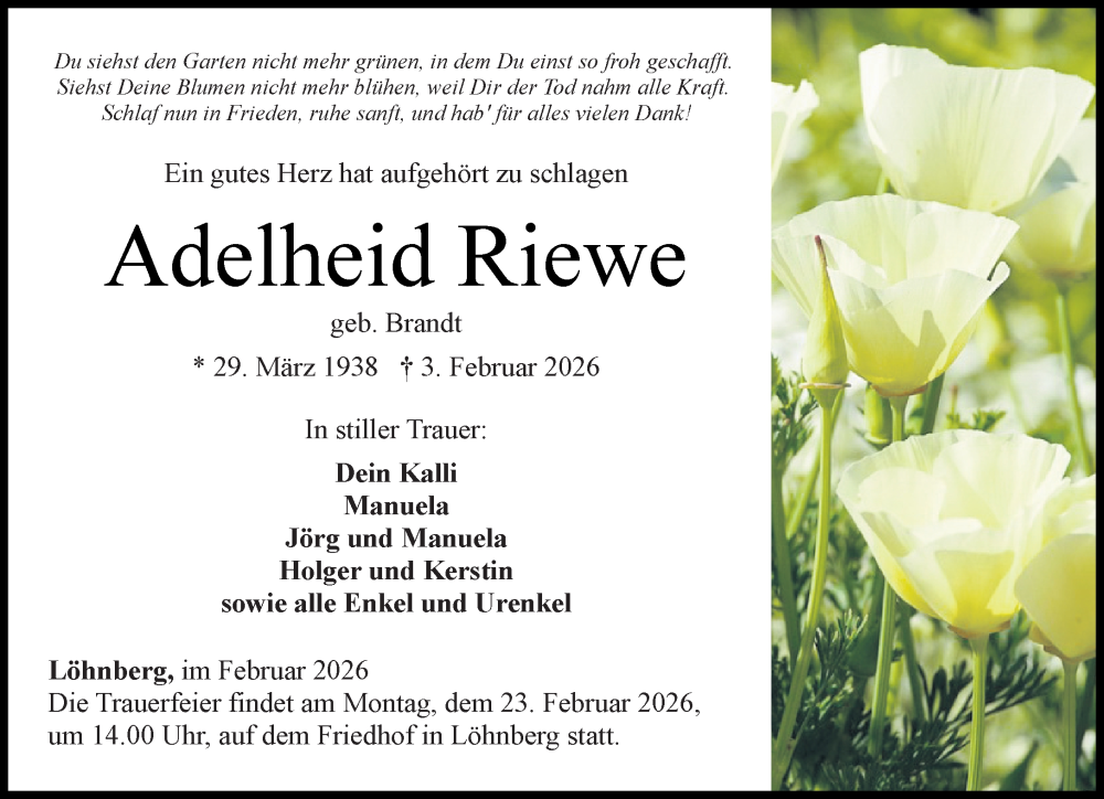  Traueranzeige für Adelheid Riewe vom 14.02.2026 aus Weilburger Tageblatt