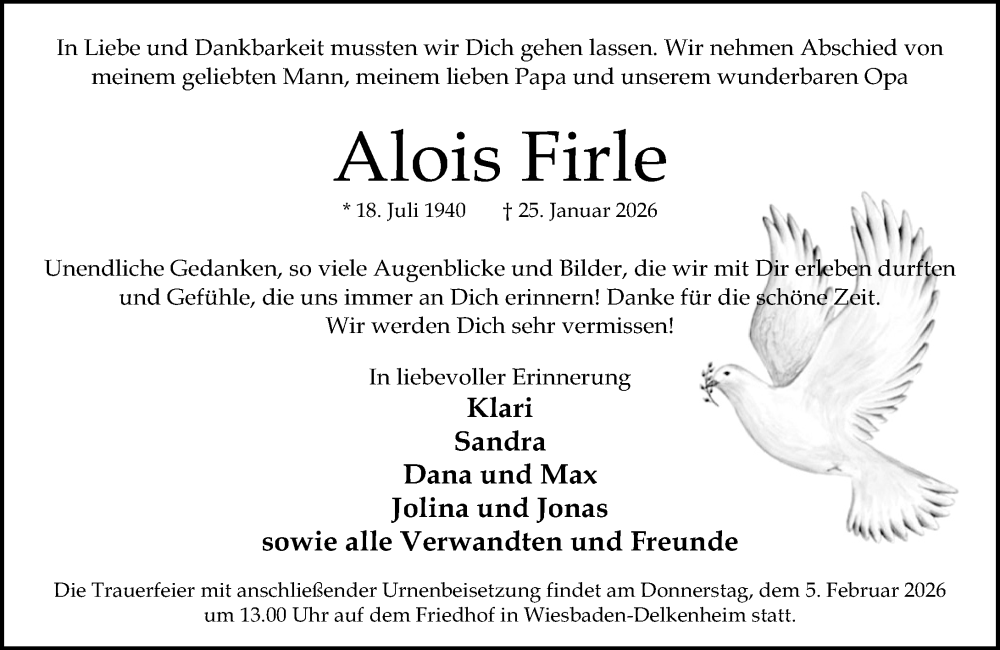  Traueranzeige für Alois Firle vom 03.02.2026 aus Wiesbadener Kurier