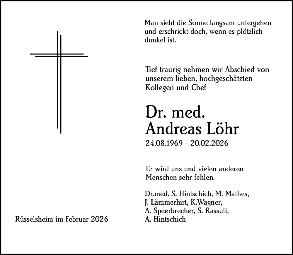  Traueranzeige für Andreas Löhr vom 28.02.2026 aus Rüsselsheimer Echo