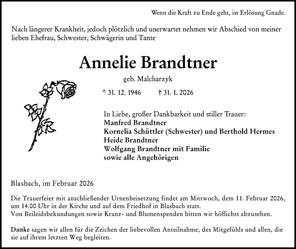  Traueranzeige für Annelie Brandtner vom 07.02.2026 aus Wetzlarer Neue Zeitung