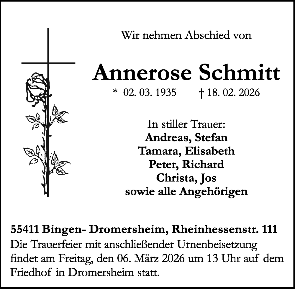  Traueranzeige für Annerose Schmitt vom 28.02.2026 aus Binger-/Ingelheimer Wochenblatt