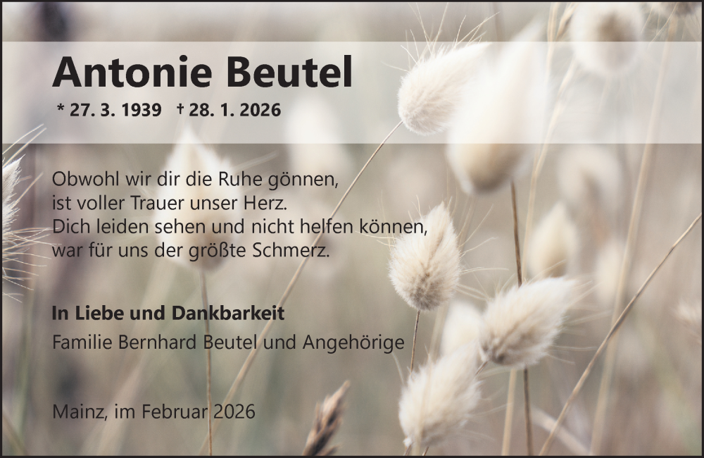  Traueranzeige für Antonie Beutel vom 28.02.2026 aus Allgemeine Zeitung Mainz