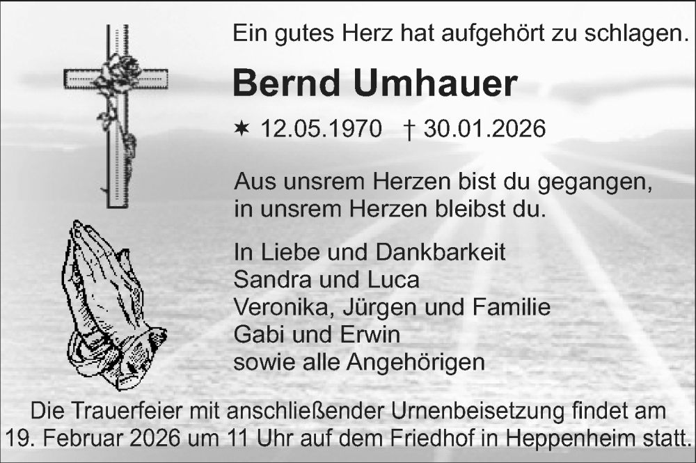  Traueranzeige für Bernd Umhauer vom 14.02.2026 aus Starkenburger Echo