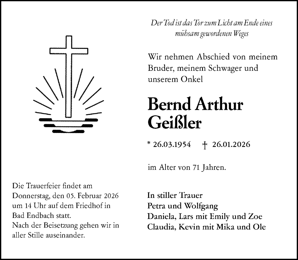  Traueranzeige für Bernd Arthur Geißler vom 02.02.2026 aus Hinterländer Anzeiger