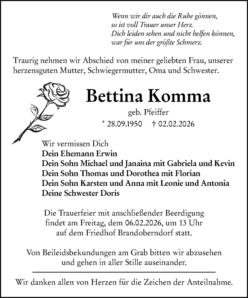  Traueranzeige für Bettina Komma vom 05.02.2026 aus Wetzlarer Neue Zeitung