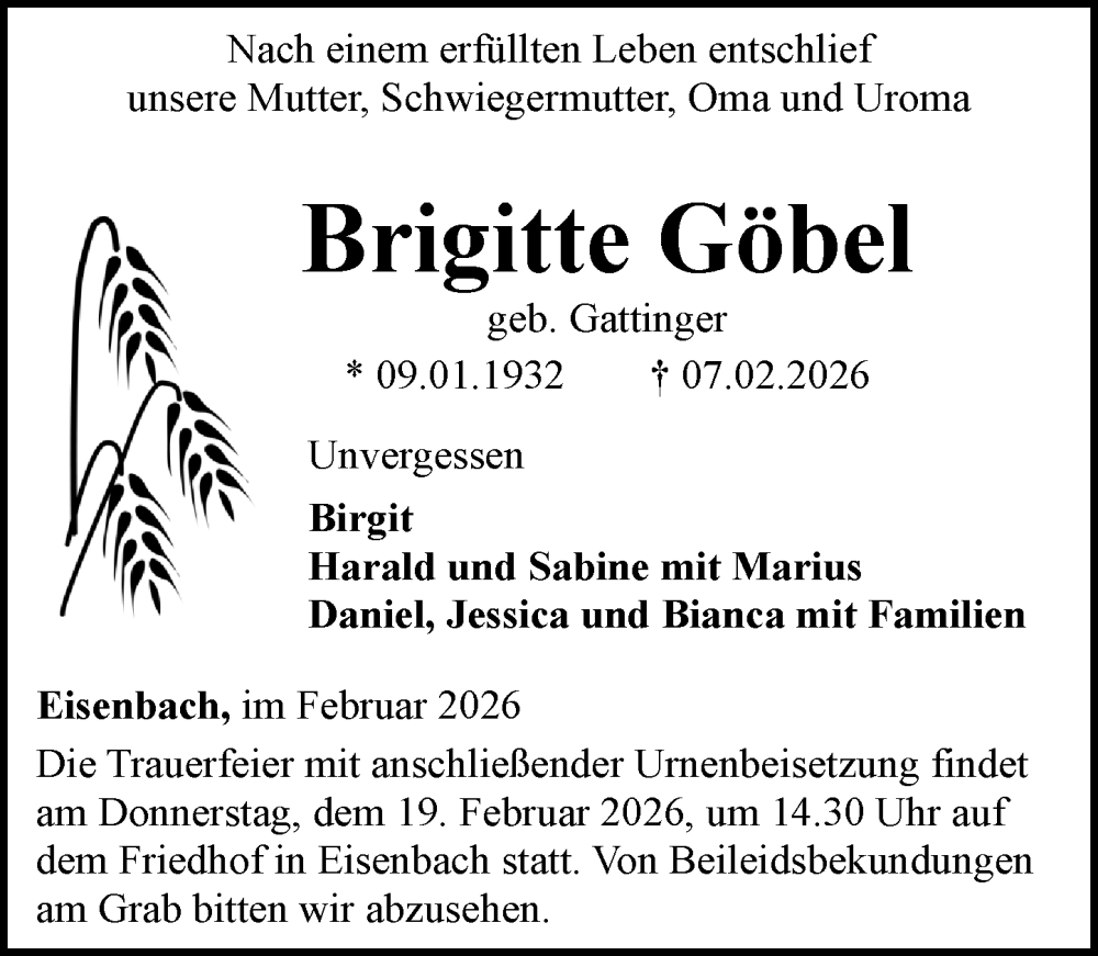  Traueranzeige für Brigitte Göbel vom 12.02.2026 aus Camberger Anzeiger