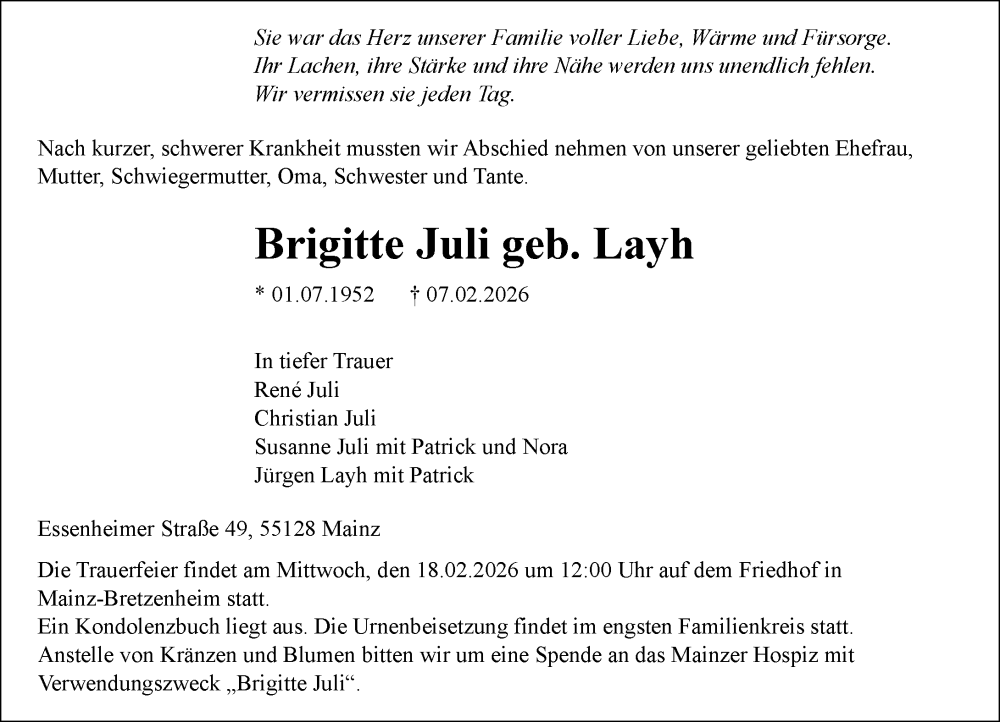  Traueranzeige für Brigitte Juli vom 14.02.2026 aus Allgemeine Zeitung Mainz