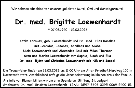 Traueranzeige von Brigitte Loewenhardt von Darmstädter Echo