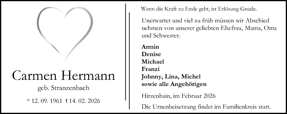  Traueranzeige für Carmen Hermann vom 17.02.2026 aus Dill Block