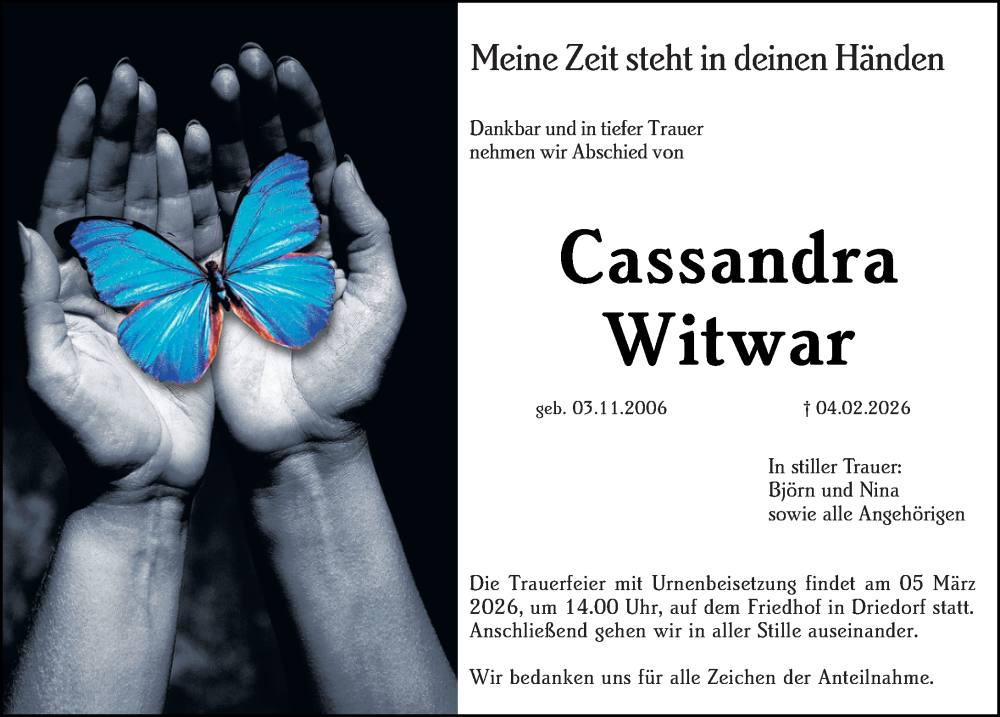  Traueranzeige für Cassandra Witwar vom 28.02.2026 aus Dill Block