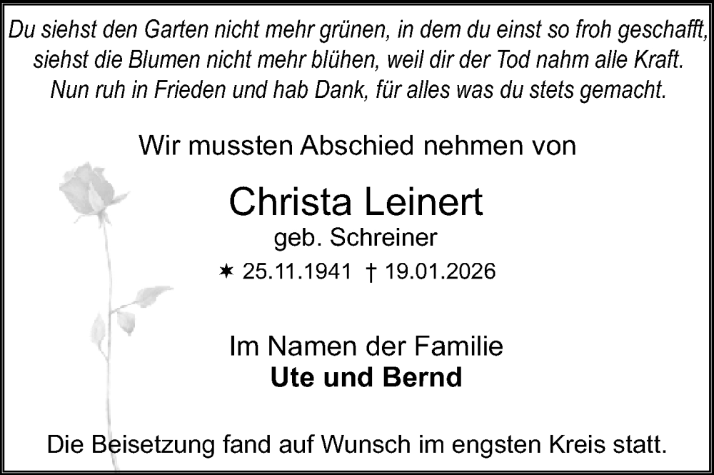  Traueranzeige für Christa Leinert vom 14.02.2026 aus Starkenburger Echo