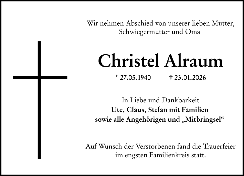  Traueranzeige für Christel Alraum vom 14.02.2026 aus Allgemeine Zeitung Mainz