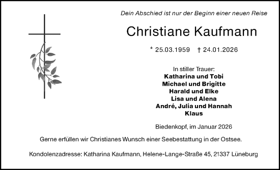 Traueranzeige von Christiane Kaufmann von Hinterländer Anzeiger