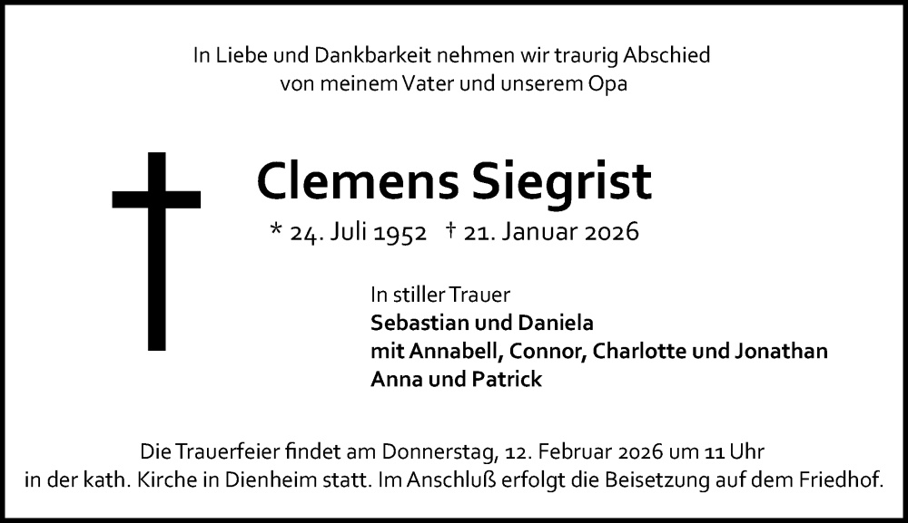  Traueranzeige für Clemens Siegrist vom 07.02.2026 aus Allgemeine Zeitung Mainz