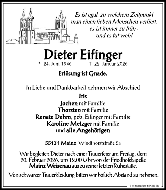 Traueranzeige von Dieter Eifinger von Allgemeine Zeitung Mainz