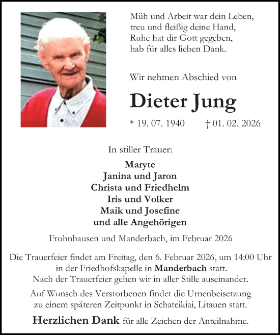 Traueranzeige von Dieter Jung von Dill Block