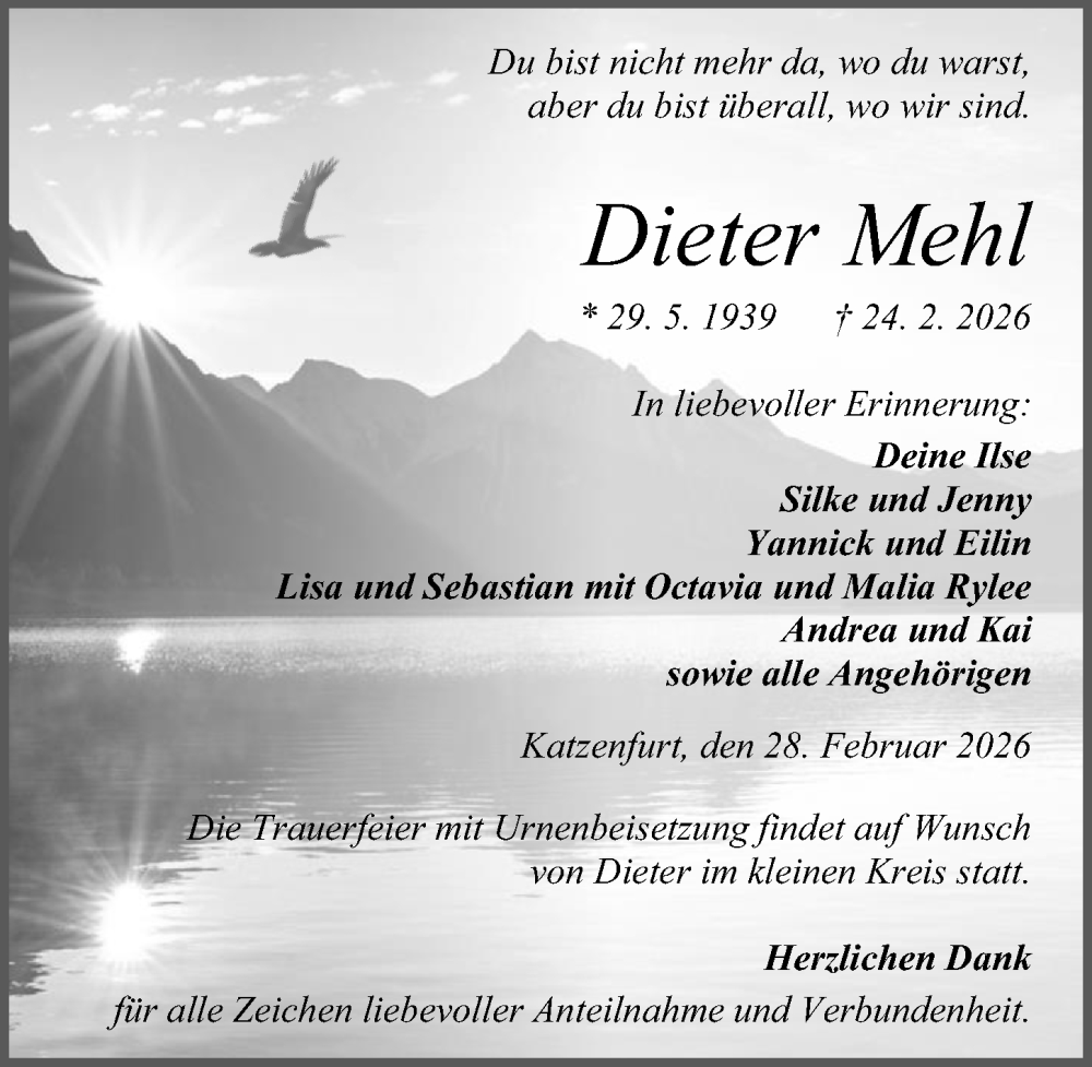  Traueranzeige für Dieter Mehl vom 28.02.2026 aus Wetzlarer Neue Zeitung