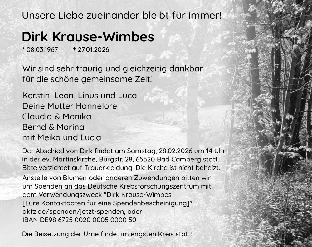  Traueranzeige für Dirk Krause-Wimbes vom 12.02.2026 aus Camberger Anzeiger