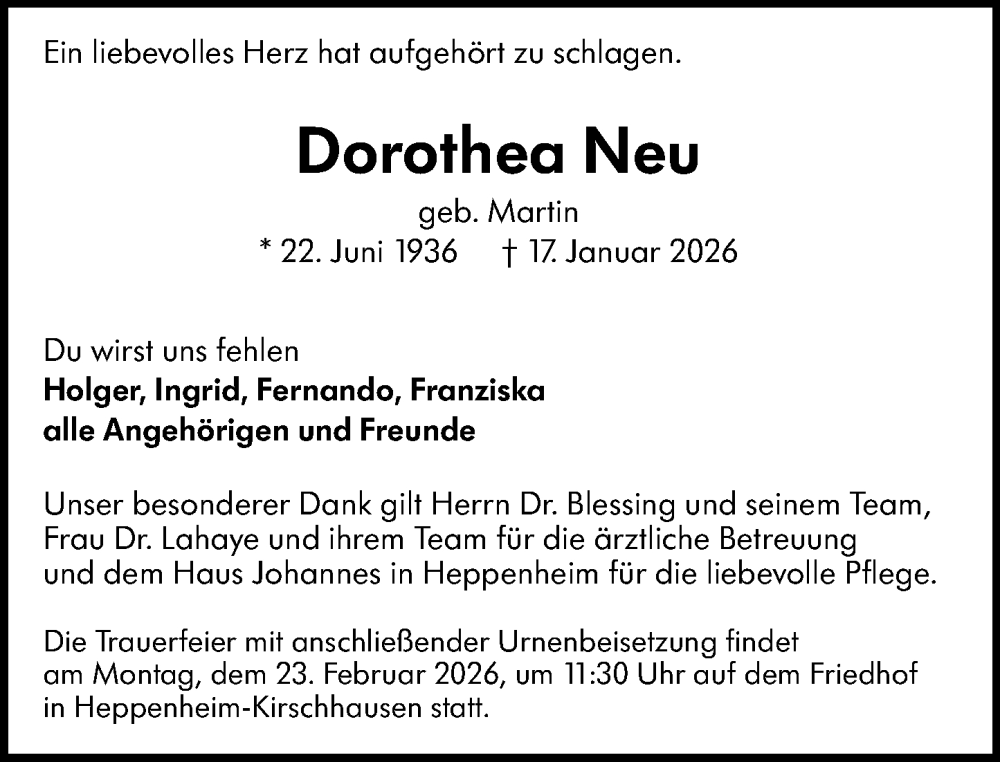  Traueranzeige für Dorothea Neu vom 18.02.2026 aus Starkenburger Echo