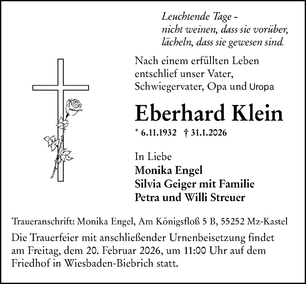  Traueranzeige für Eberhard Klein vom 07.02.2026 aus Wiesbadener Kurier