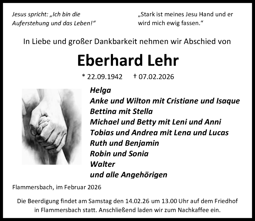  Traueranzeige für Eberhard Lehr vom 11.02.2026 aus Dill Block