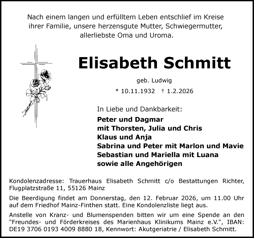  Traueranzeige für Elisabeth Schmitt vom 07.02.2026 aus Allgemeine Zeitung Mainz