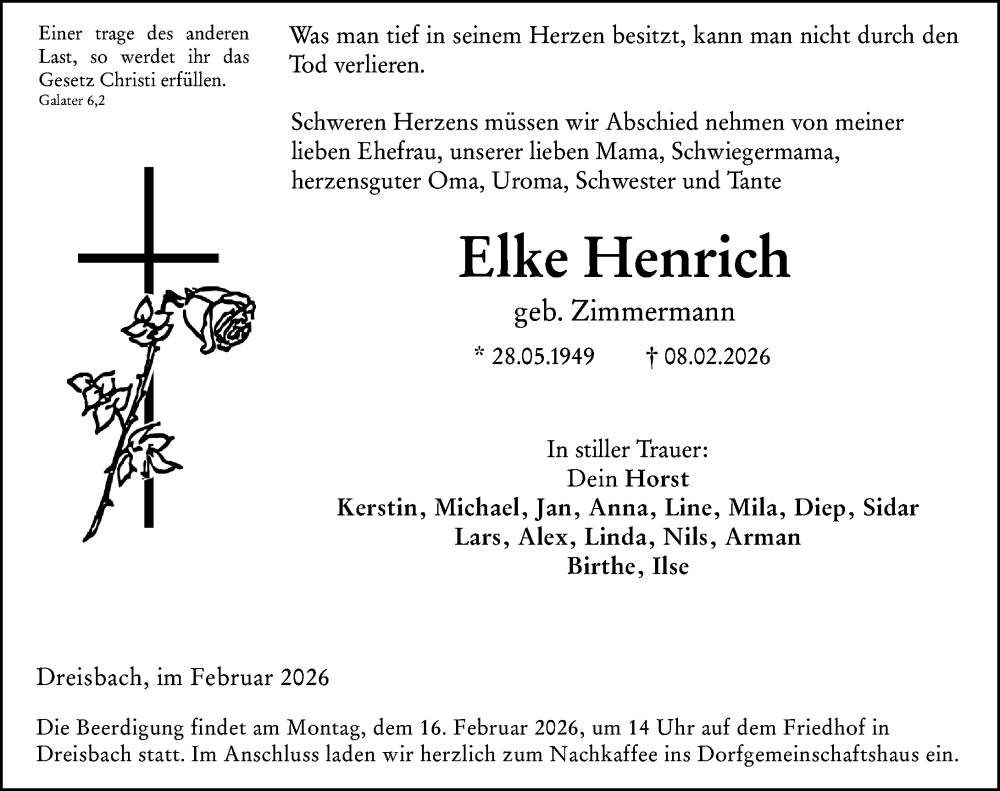  Traueranzeige für Elke Henrich vom 12.02.2026 aus Wetzlarer Neue Zeitung