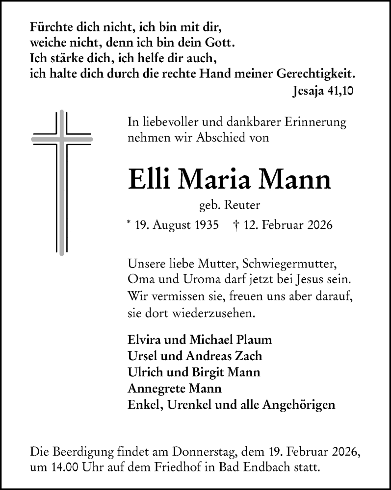  Traueranzeige für Elli Maria Mann vom 17.02.2026 aus Hinterländer Anzeiger