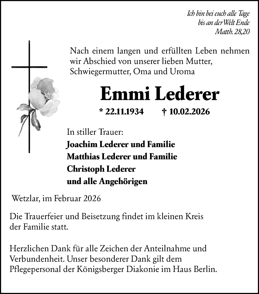  Traueranzeige für Emmi Lederer vom 14.02.2026 aus Wetzlarer Neue Zeitung