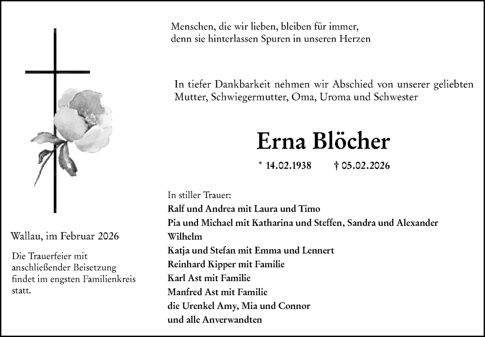  Traueranzeige für Erna Blöcher vom 09.02.2026 aus Hinterländer Anzeiger