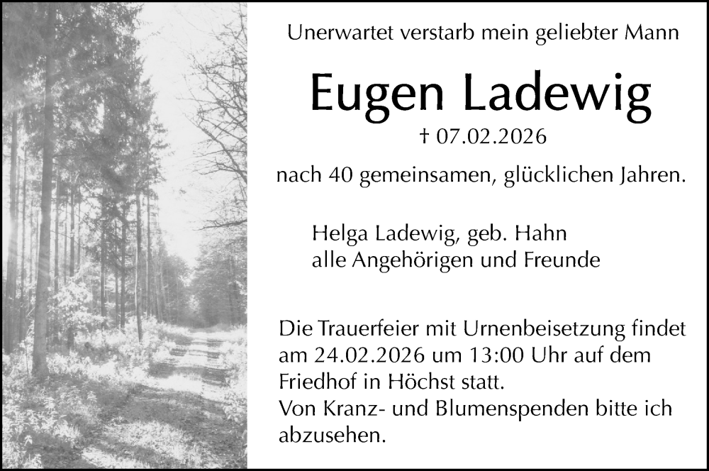  Traueranzeige für Eugen Ladewig vom 14.02.2026 aus Odenwälder Echo