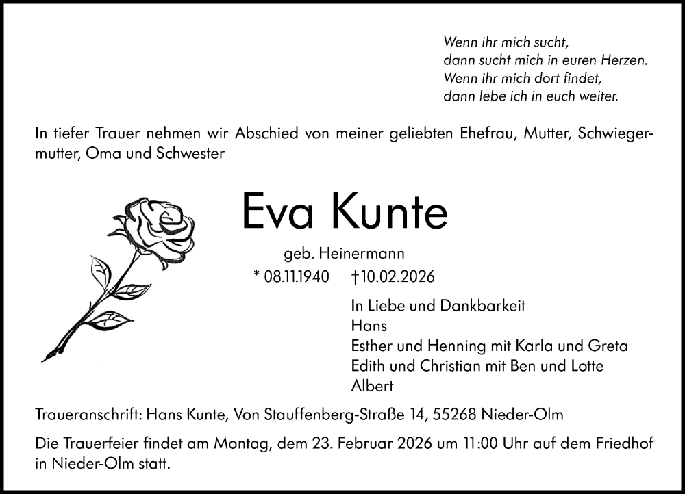  Traueranzeige für Eva Kunte vom 14.02.2026 aus Allgemeine Zeitung Mainz