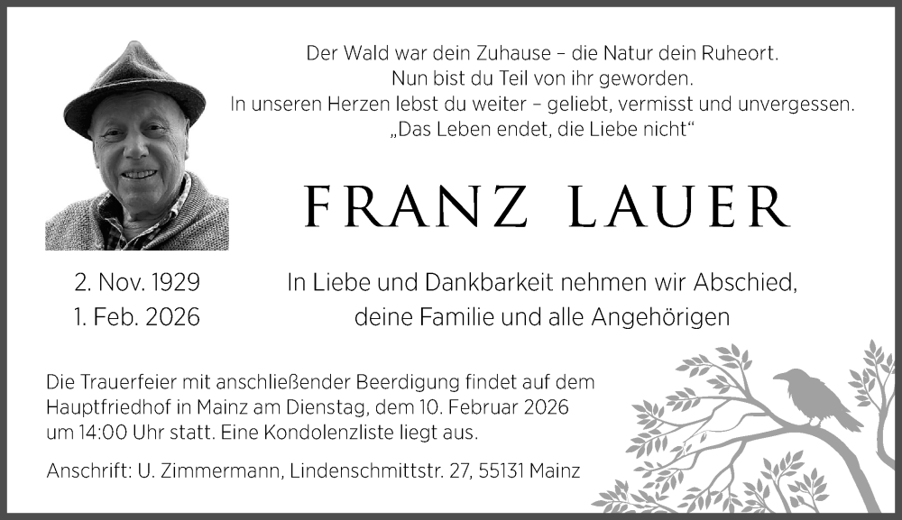  Traueranzeige für Franz Lauer vom 07.02.2026 aus Allgemeine Zeitung Mainz
