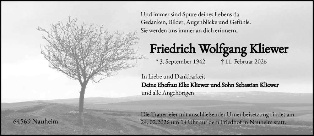  Traueranzeige für Friedrich Wolfgang Kliewer vom 14.02.2026 aus Groß-Gerauer Echo