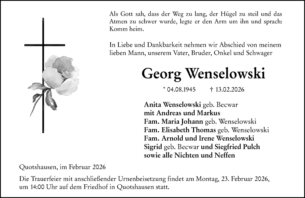  Traueranzeige für Georg Wenselowski vom 19.02.2026 aus Hinterländer Anzeiger