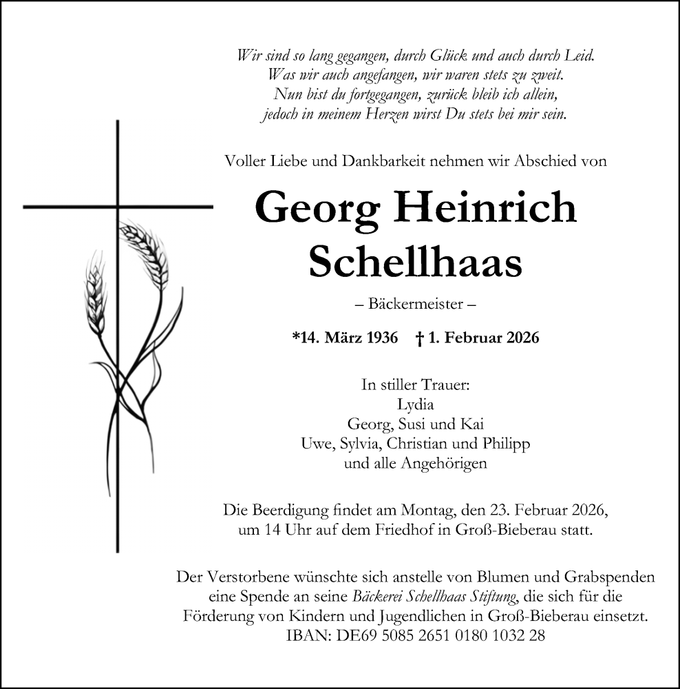  Traueranzeige für Georg Heinrich Schellhaas vom 14.02.2026 aus Darmstädter Echo