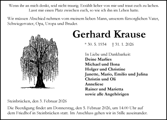 Traueranzeige von Gerhard Krause von Dill Block