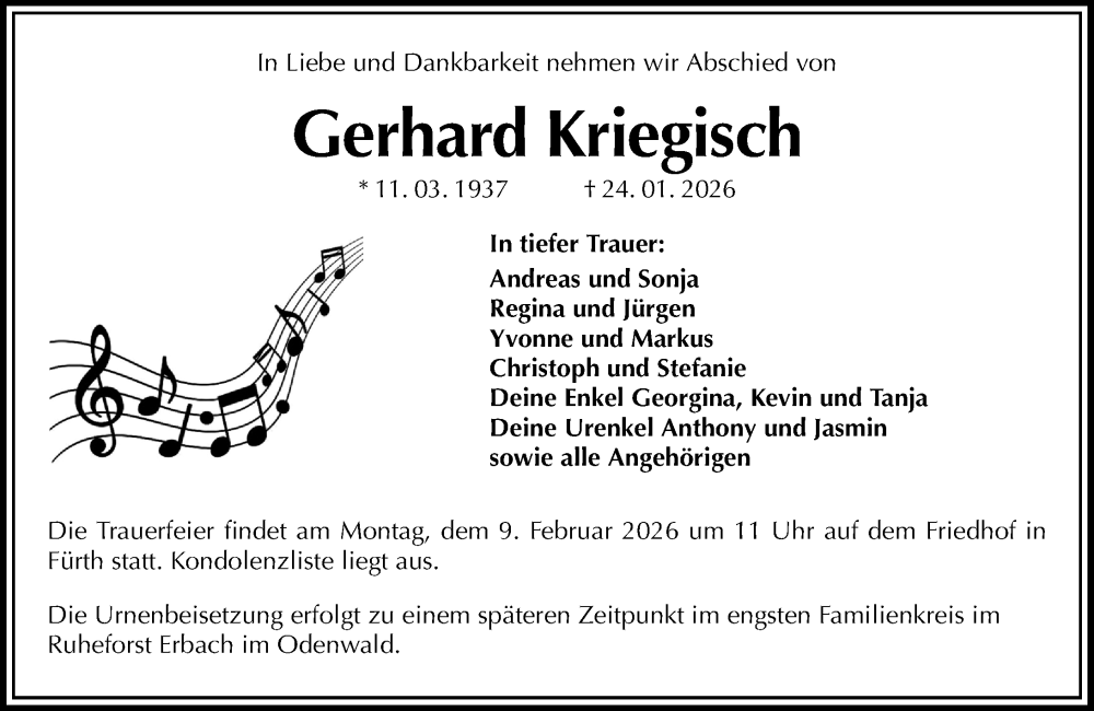  Traueranzeige für Gerhard Kriegisch vom 07.02.2026 aus Starkenburger Echo
