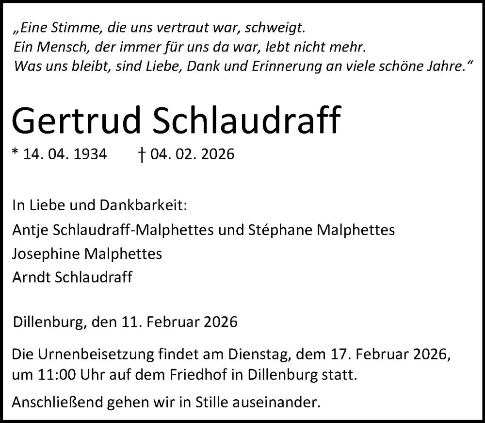 Traueranzeige für Gertrud Schlaudraff vom 11.02.2026 aus Dill Block