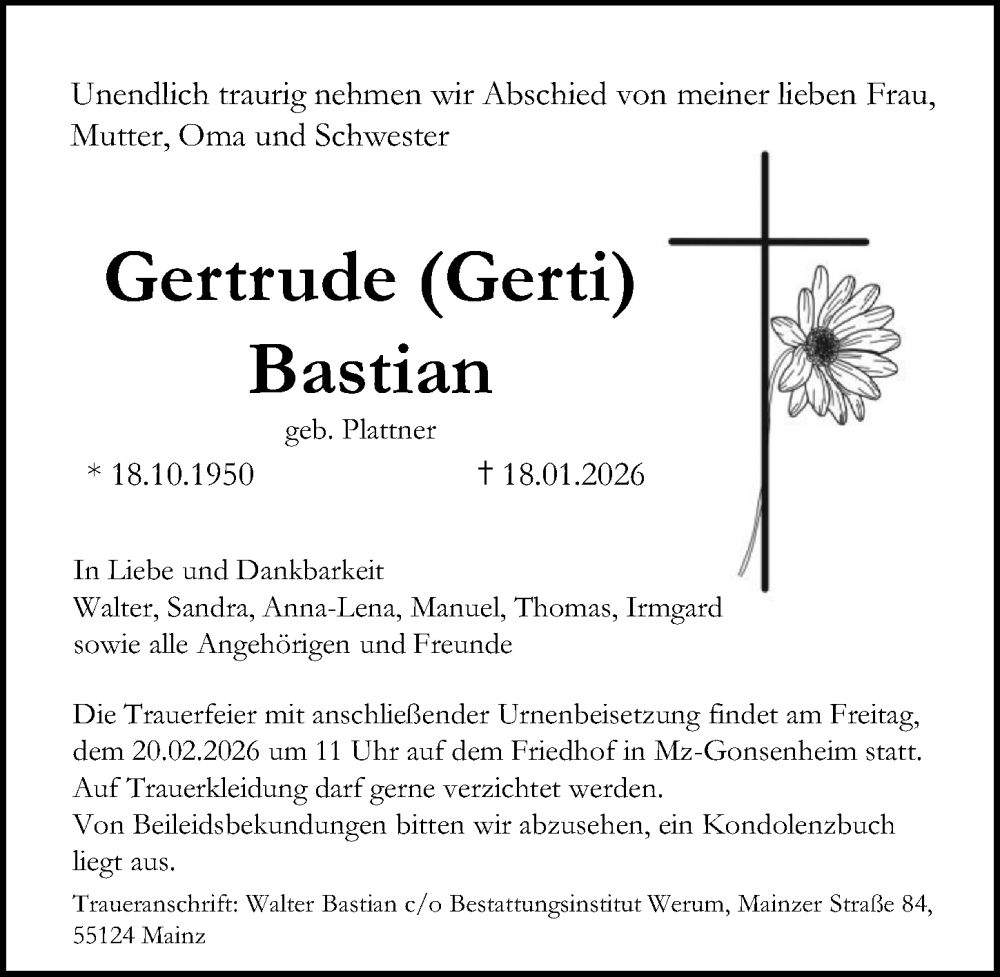  Traueranzeige für Gertrude Bastian vom 14.02.2026 aus Allgemeine Zeitung Mainz