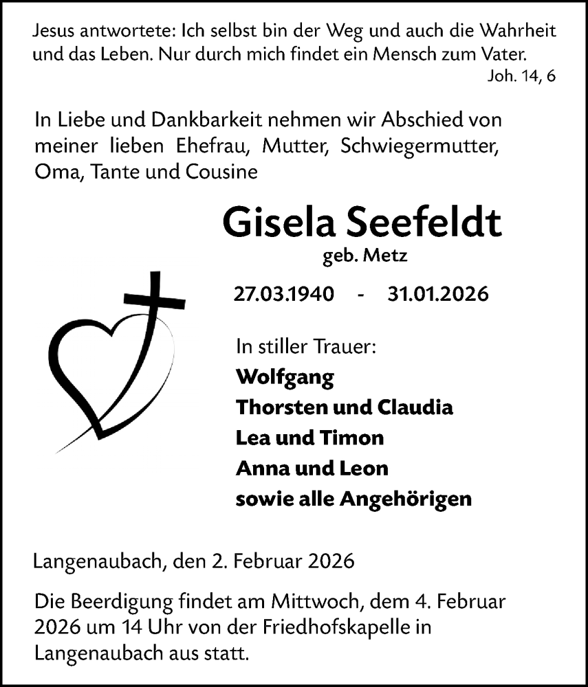  Traueranzeige für Gisela Seefeldt vom 03.02.2026 aus Dill Block