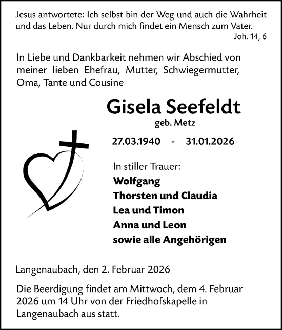 Traueranzeige von Gisela Seefeldt von Dill Block
