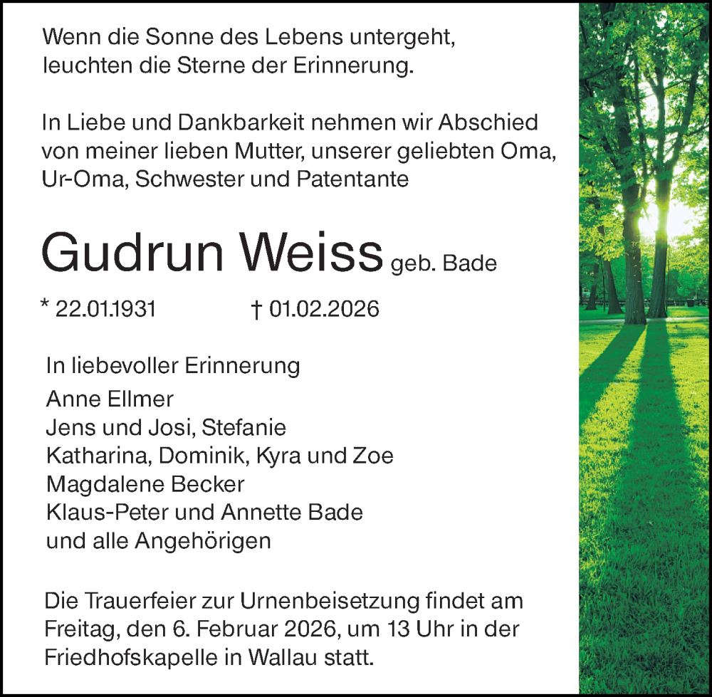  Traueranzeige für Gudrun Weiss vom 04.02.2026 aus Hinterländer Anzeiger