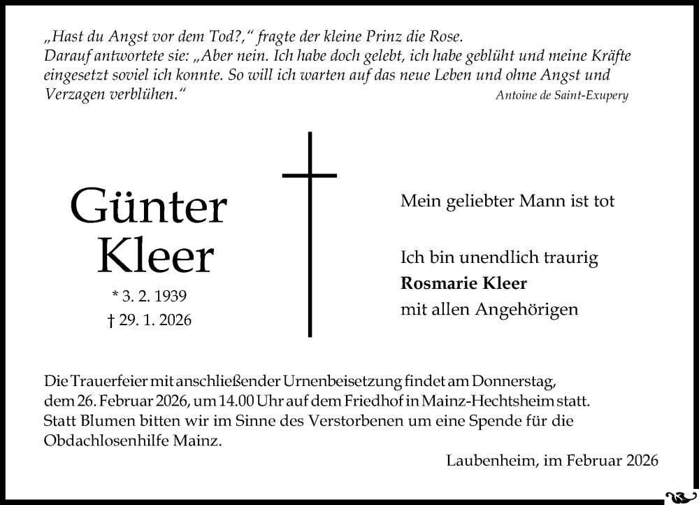  Traueranzeige für Günter Kleer vom 07.02.2026 aus Allgemeine Zeitung Mainz