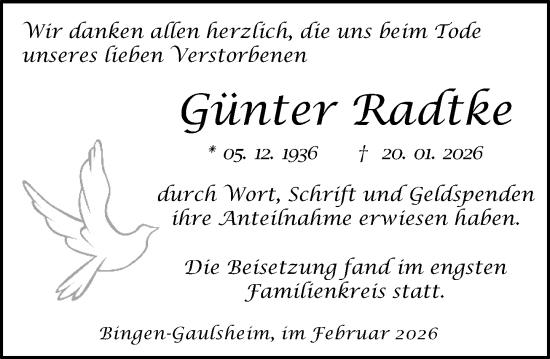 Traueranzeige von Günter Radtke von Binger-/Ingelheimer Wochenblatt