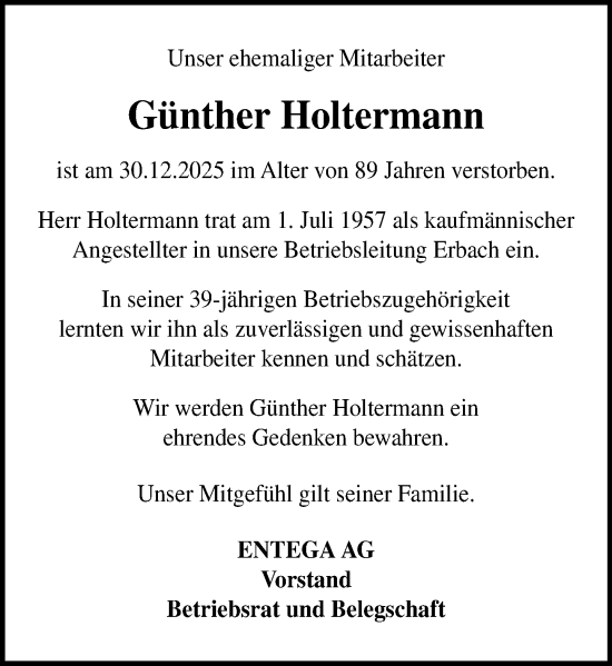 Traueranzeige von Günther Holtermann von Odenwälder Echo