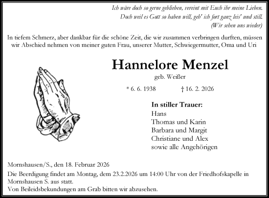Traueranzeige von Hannelore Menzel von Hinterländer Anzeiger