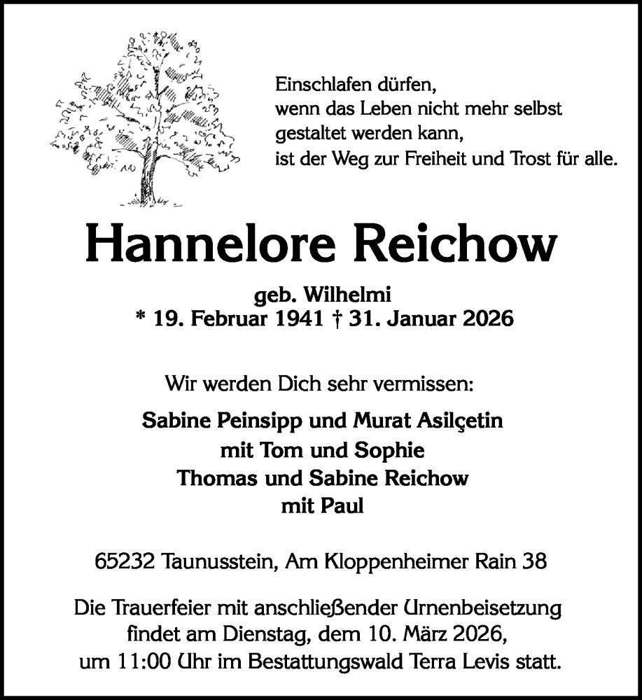 Traueranzeige für Hannelore Reichow vom 07.02.2026 aus Wiesbadener Kurier